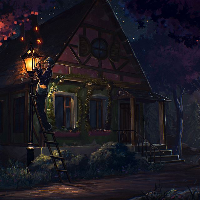 2048x2048 House Fairy Tale Art Light Night - art iPad Air Wallpaper