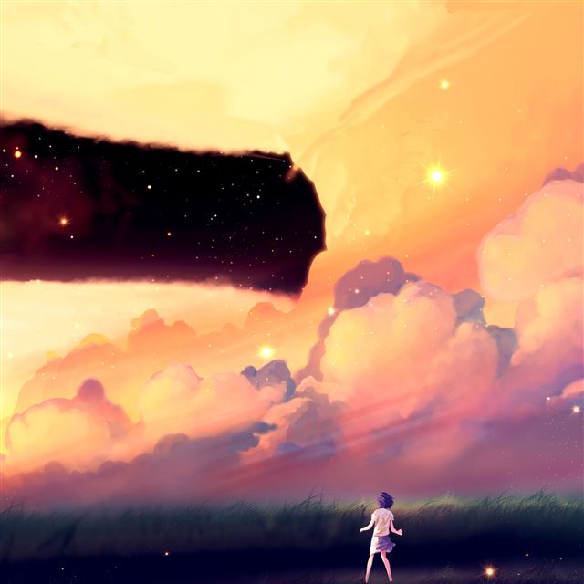 2048x2048 Akio Bako Anime Sunset Girl Clouds - cartoon iPad Air Wallpaper
