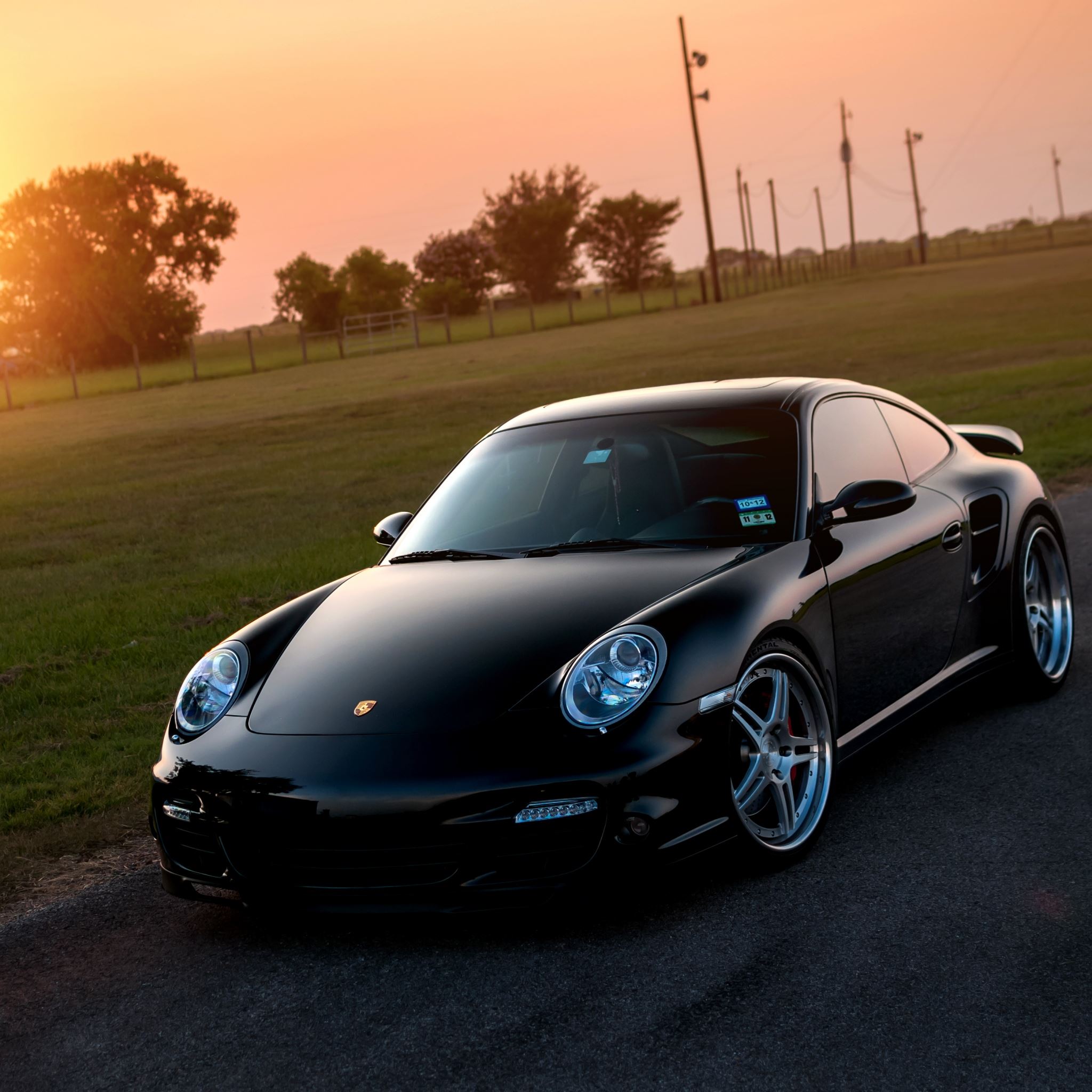 Porsche 911 Turbo 997 Black Front Sun Grass Reflections Ipad Air Wallpapers Free Download