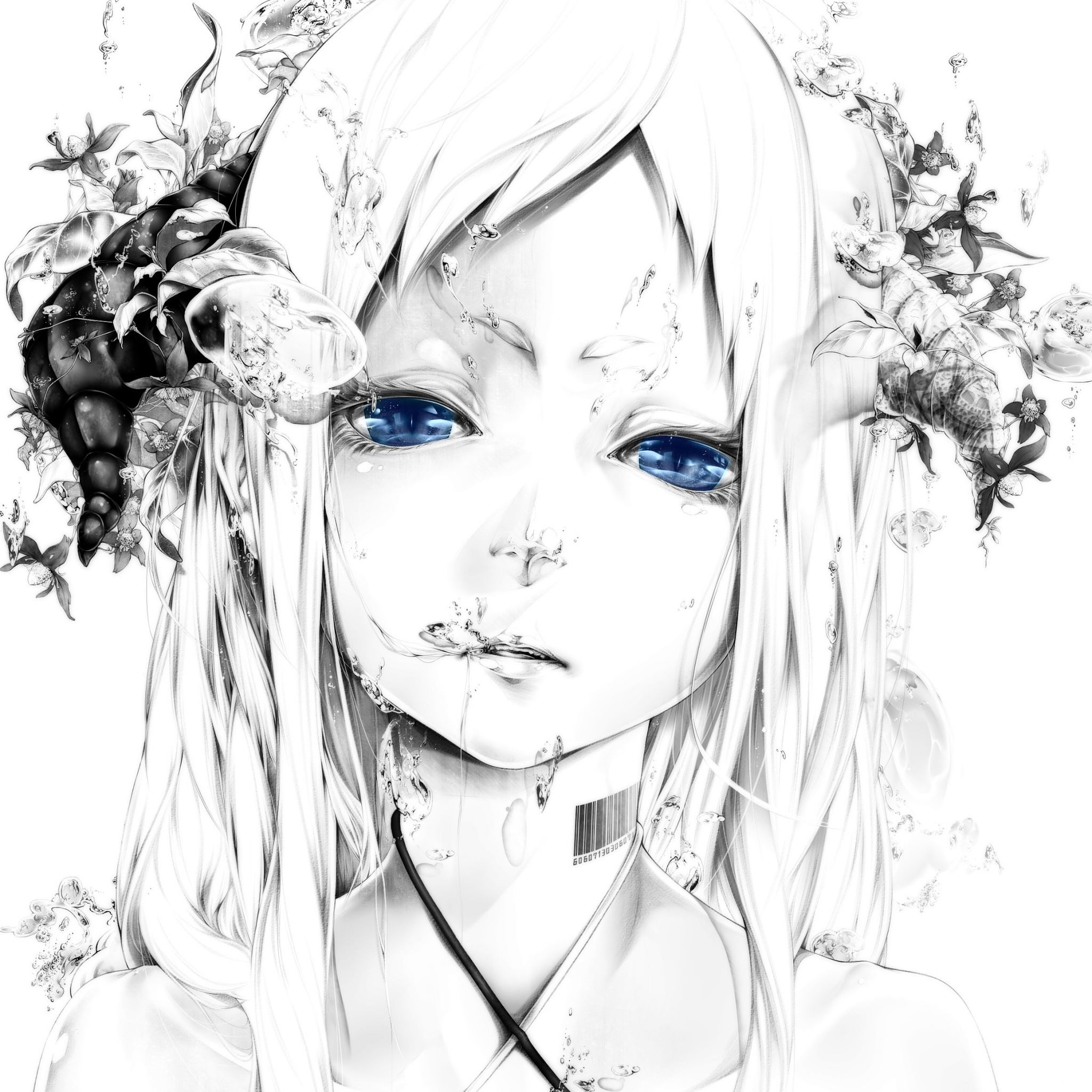 Art Bouno Satoshi Girl Face White Background Graphic Monochrome Blue Eyes Water Bubbles iPad Air wallpaper 