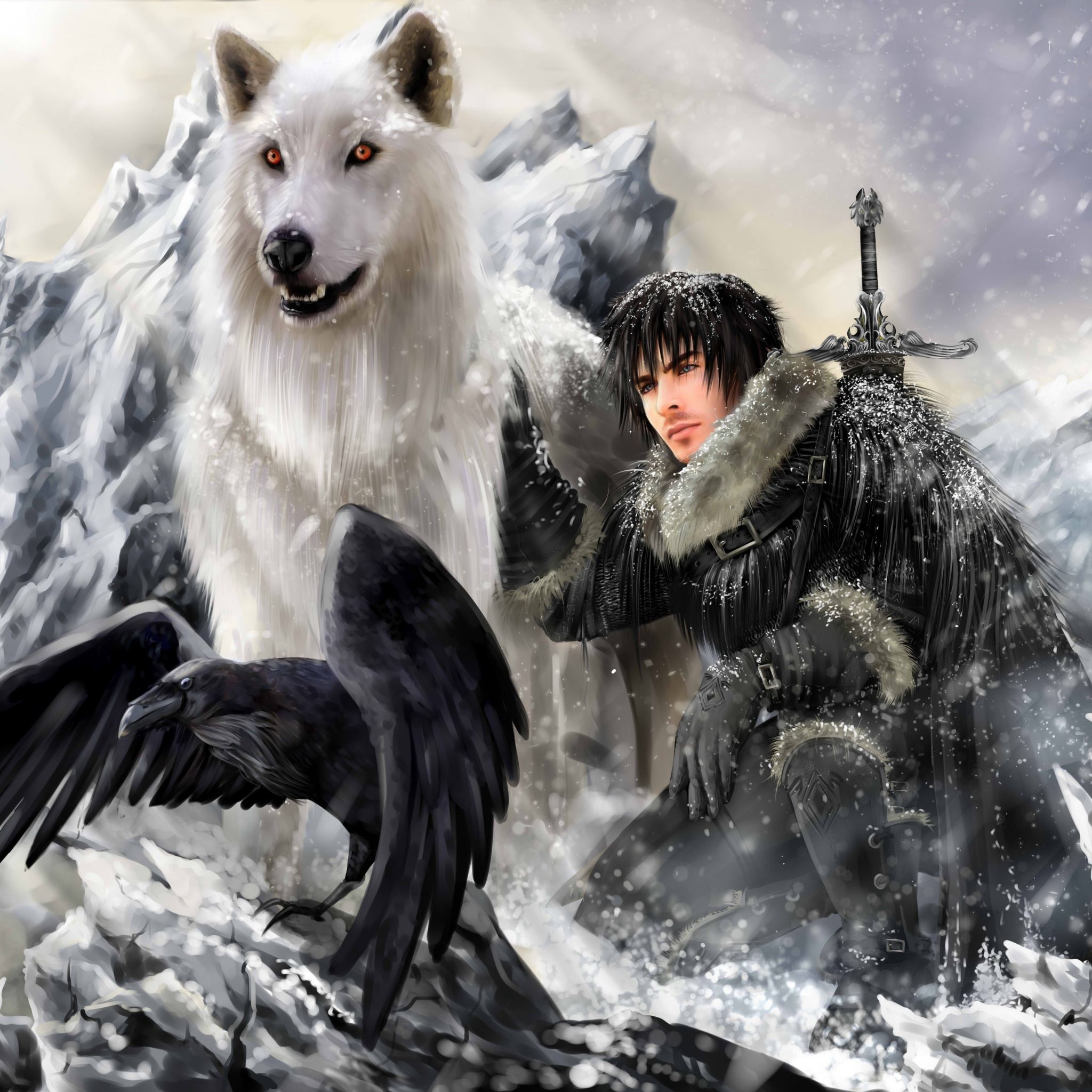 The Song Of Ice And Fire Game Of Thrones Jon Snow Ghost Direwolf Stark Clan iPad Air wallpaper 