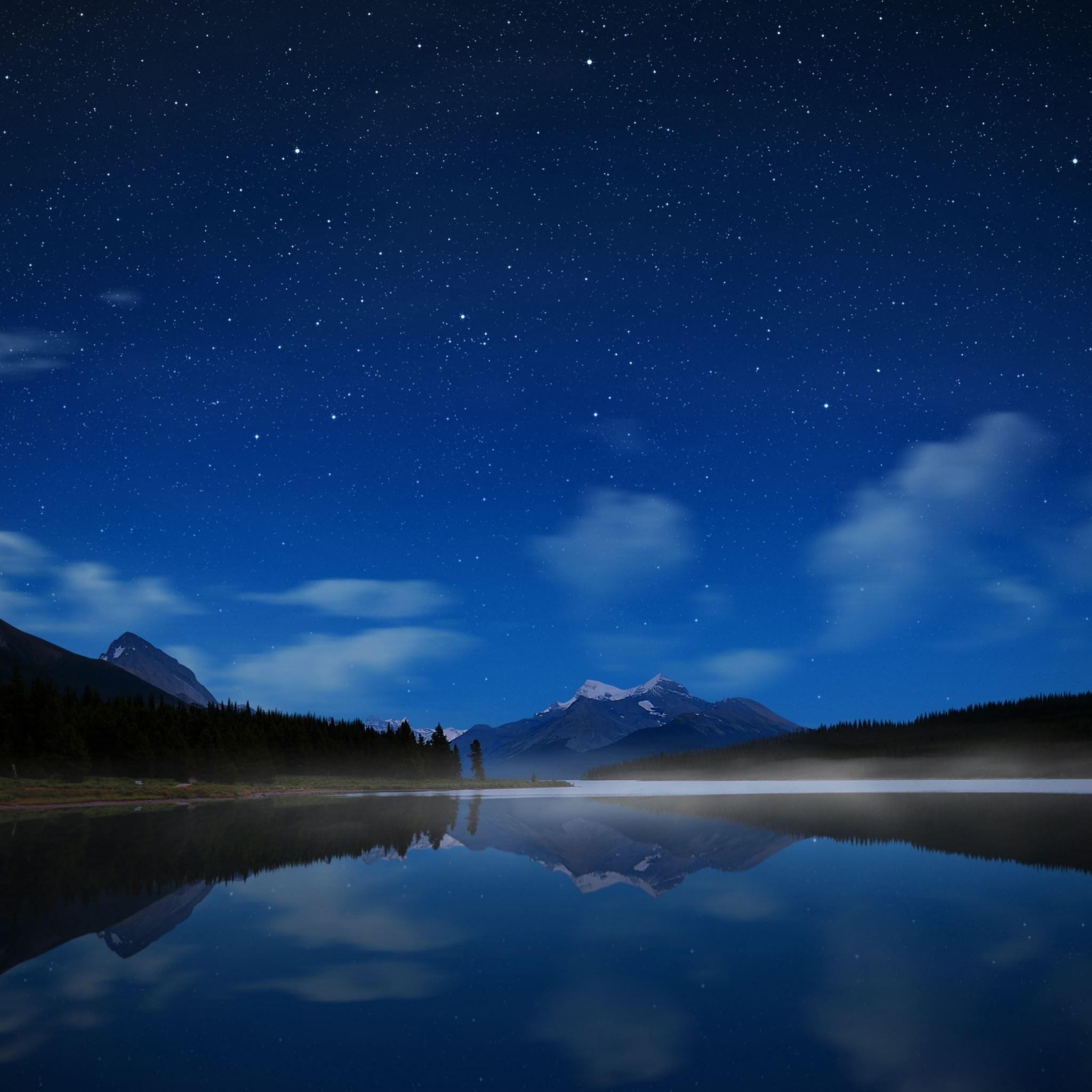 Night lake stars water smooth surface fog iPad Air wallpaper 