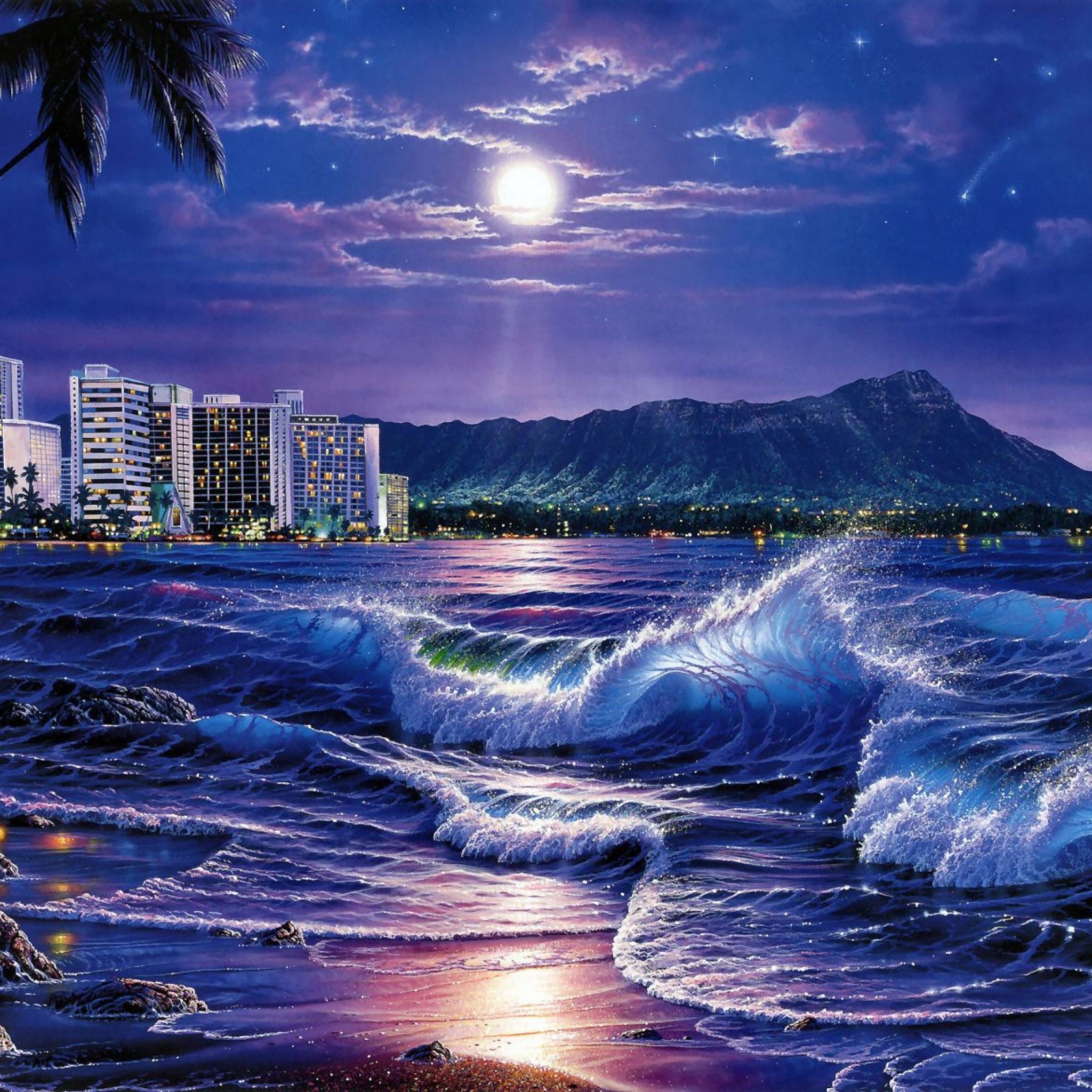 sea waves city night beach moon stars painting art iPad Air wallpaper 