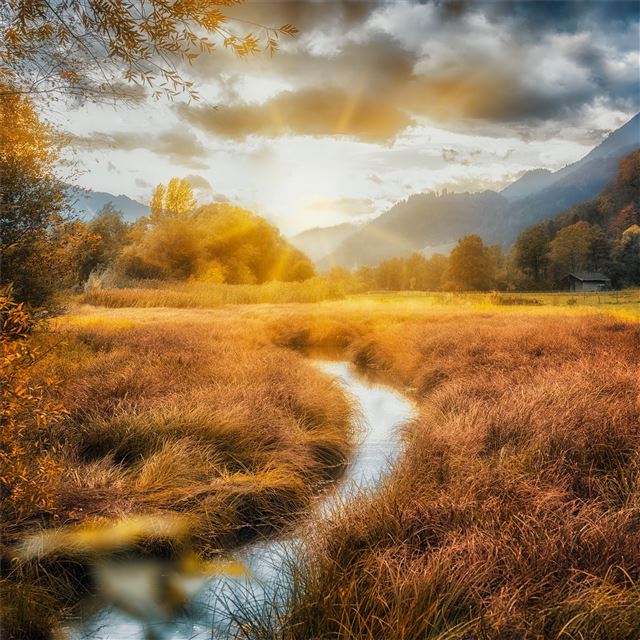 2048x2048 mountains rivers fields autumn clouds 5k - river iPad Air Wallpaper