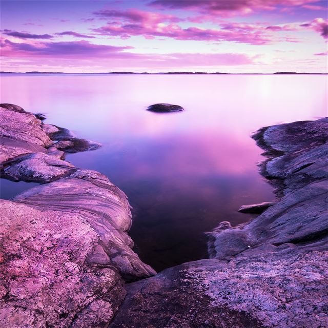 2048x2048 rocks pink scenery evening sea 8k - 5k iPad Air Wallpaper
