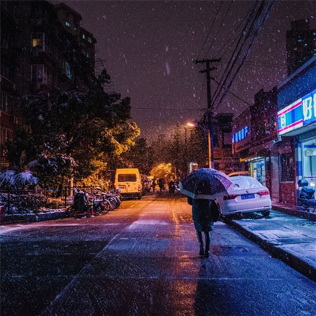 2732x2732 snow night street people walking 5k - night iPad Pro Wallpaper