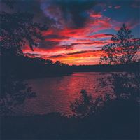 red evening sunset lake view from forest woods wallpaper