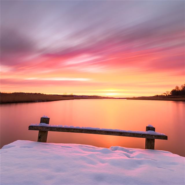2732x2732 red sky morning winter snow bench 5k - winter iPad Pro Wallpaper