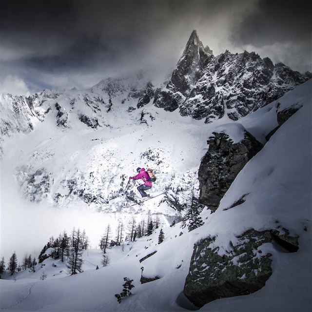 2732x2732 Skiing Skier Jump Mountains Snow - landscape iPad Pro Wallpaper