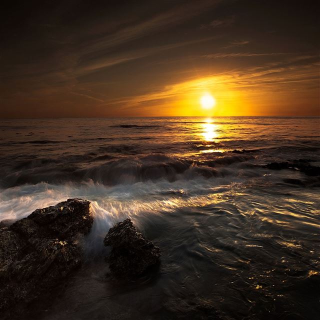 2732x2732 Sun decline evening stones waves orange landscape - landscape iPad Pro Wallpaper