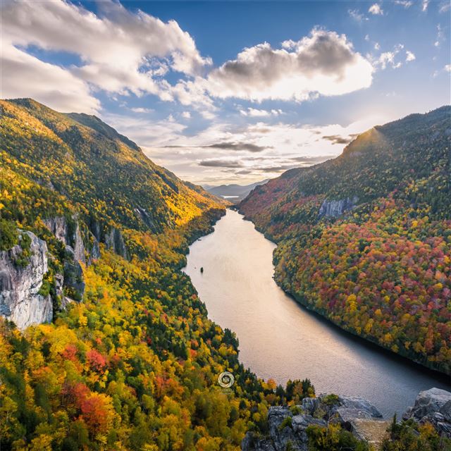 2732x2732 river mountains fall clouds tree 5k - autumn iPad Pro Wallpaper