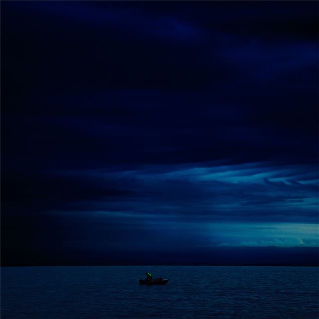 1024x1024 dark evening blue cloudy alone boat in ocean 5k - 5k iPad Wallpaper