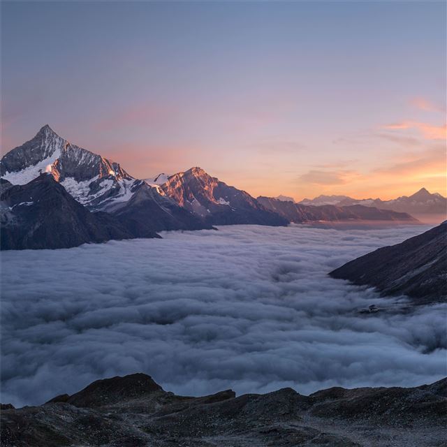 1024x1024 sky of clouds glow cool light mountains 5k - mountains iPad Wallpaper