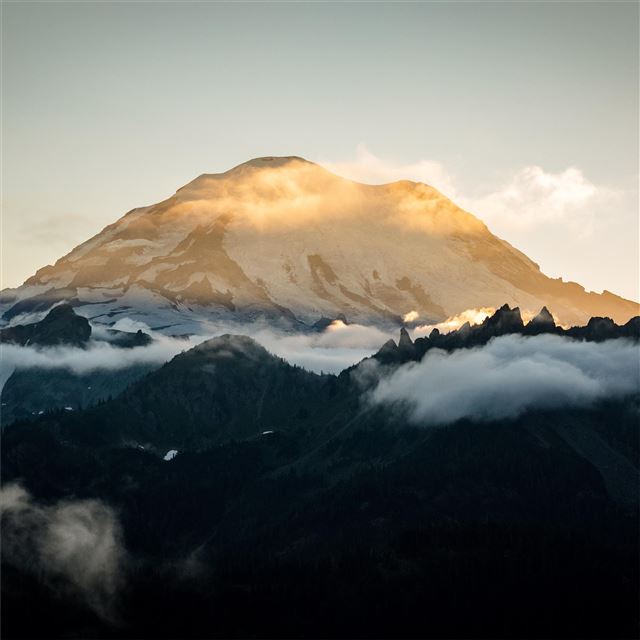 1024x1024 sun setting behind mount rainier 5k - mountains iPad Wallpaper