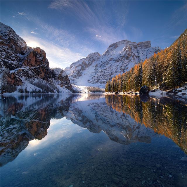 1024x1024 sunrise in braies lake 4k - reflection iPad Wallpaper