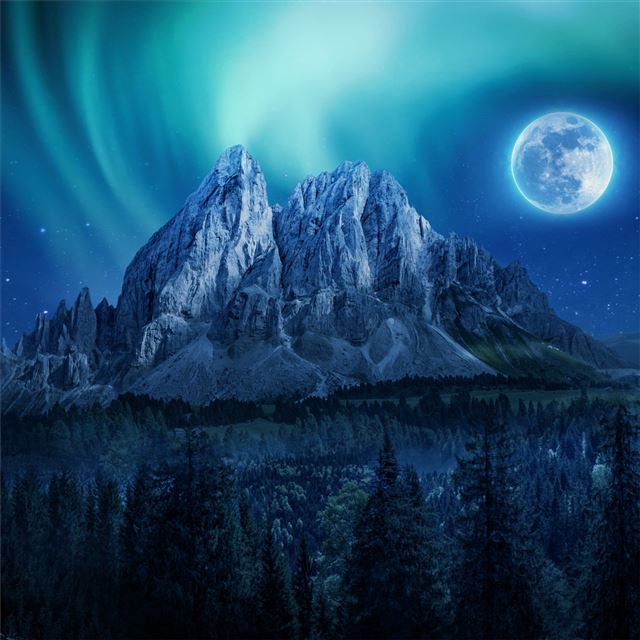 2732x2732 mountain aurora moon night northern lights 4k - nature iPad Wallpaper