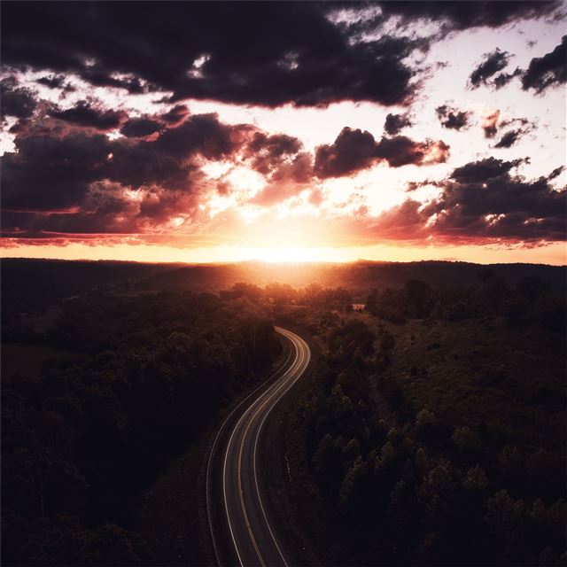 1024x1024 beautiful road path sun setting drone view 4k - trees iPad Wallpaper