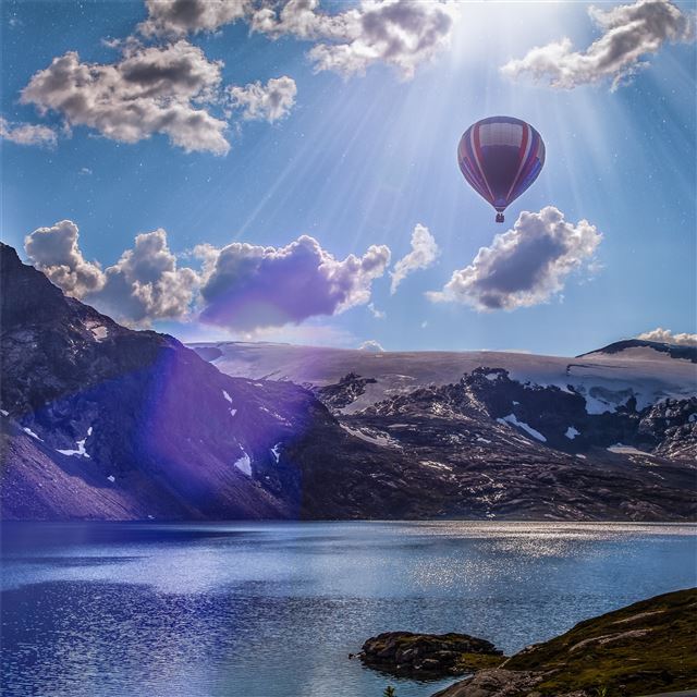 1024x1024 norway lake landscape air balloon 5k - photography iPad Wallpaper