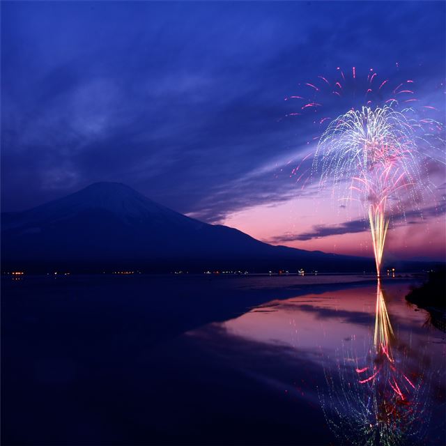 1024x1024 mount fuji fireworks japan 5k - mount fuji iPad Wallpaper