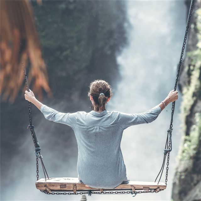 1024x1024 woman swings near waterfall 5k - 4k iPad Wallpaper