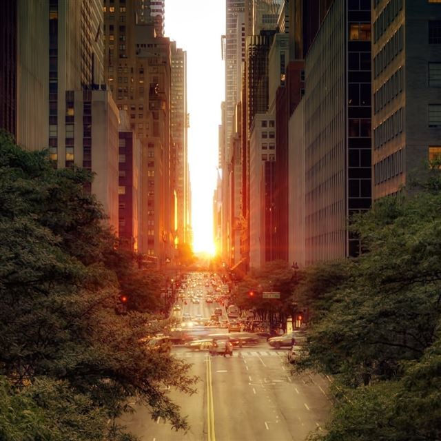 1024x1024 Sun Rising Over A Street 2 - yellow iPad Wallpaper