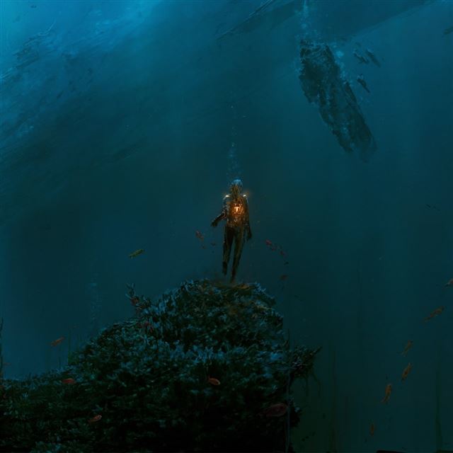 1024x1024 Dark Underwater Man Fish - underwater iPad Wallpaper