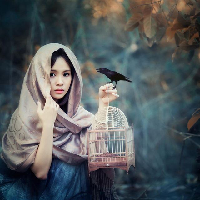 1024x1024 Girl with bird - cyan iPad Wallpaper