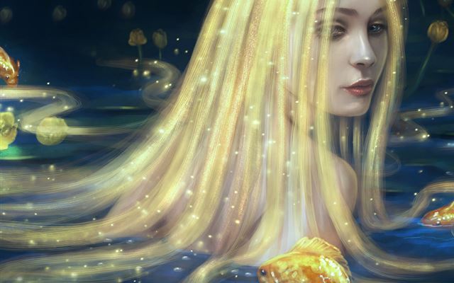 1024x1024 Mermaid In Golden Long Hair Artwork - artwork iPad Wallpaper