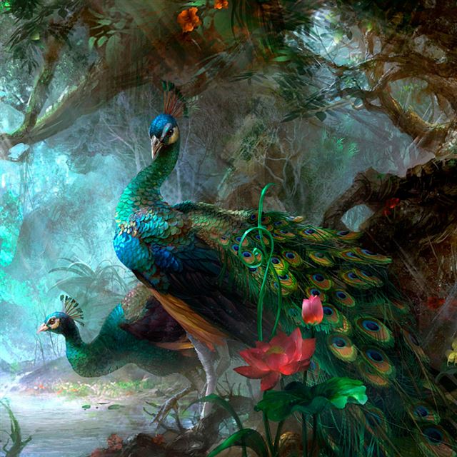 1024x1024 Painted Peacocks  - tree iPad Wallpaper