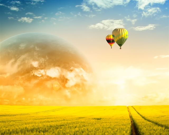 1024x1024 Dreamy Balloon Flying Over Field - planet iPad Wallpaper