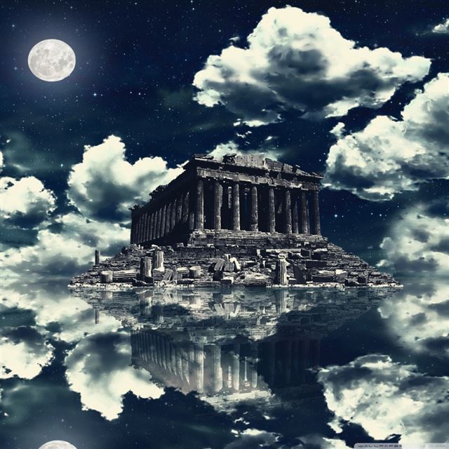 1024x1024 Fantasy Akropolis In Clouds - black iPad Wallpaper