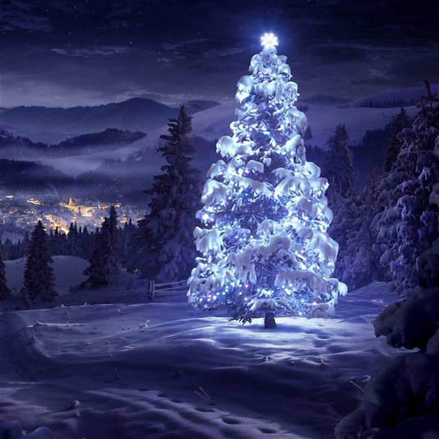 2048x2048 Blue light Christmas Tree - happy iPad Wallpaper