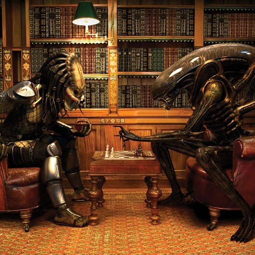 Alien and Predator Playing Chess iPad Wallpapers Free Download