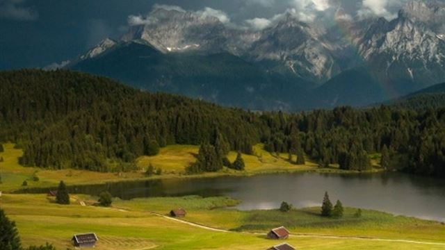 1024x1024 Rainbow Over Forest Mountains Landscape - house iPad Wallpaper