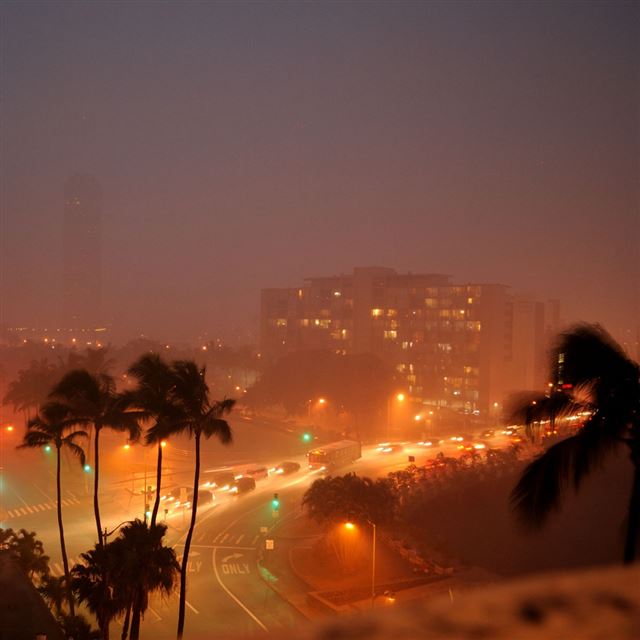 1024x1024 Rainy Tropical Night City - orange iPad Wallpaper