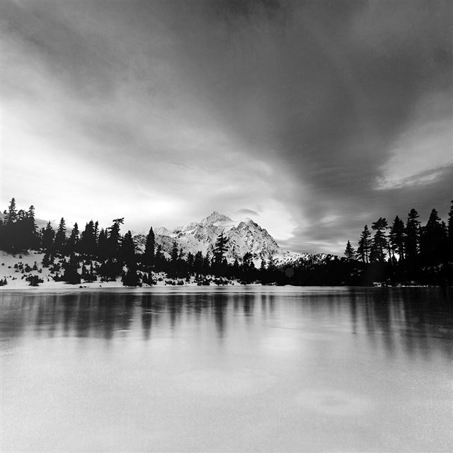 1024x1024 Frozen Lake Winter Snow Wood Forest Cold Bw Dark - wide iPad Wallpaper
