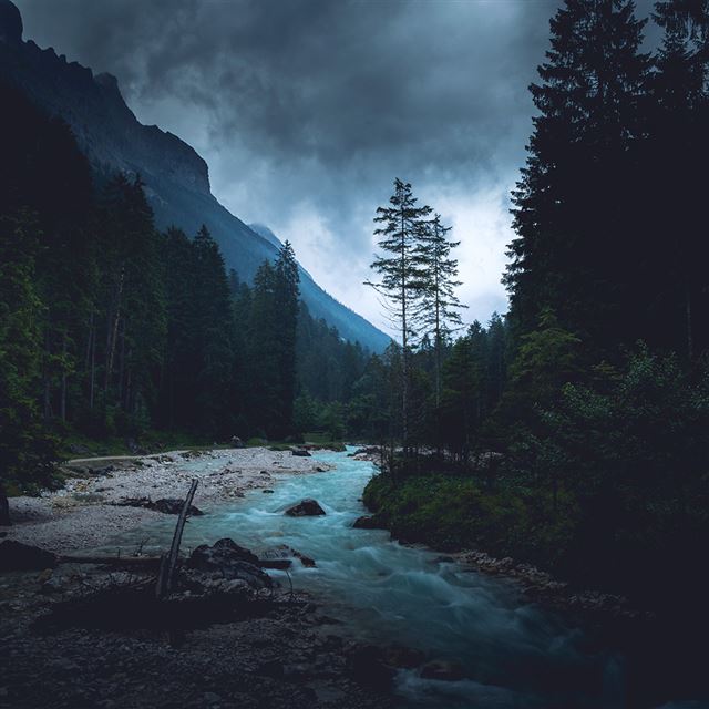 1024x1024 Mountain Wood Night Dark River Nature Blue - brown iPad Wallpaper