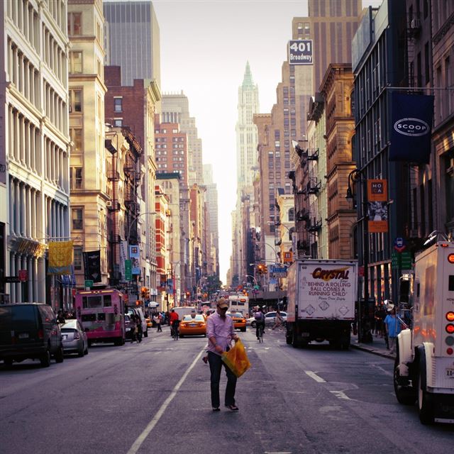 1024x1024 New York street cars buildings - cyan iPad Wallpaper