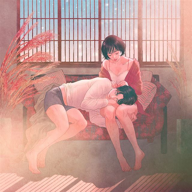1024x1024 Anime couple love art illustration - yellow iPad Wallpaper