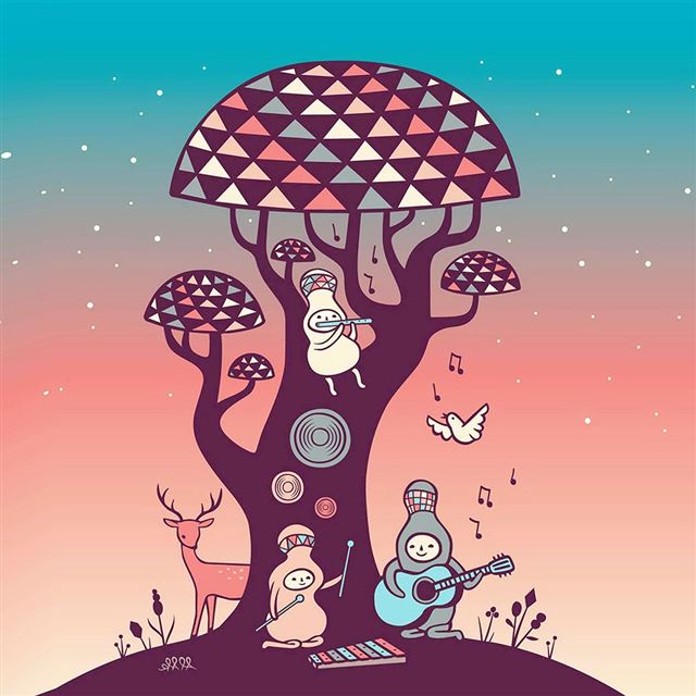 1024x1024 Cute music characters illustration art - cyan iPad Wallpaper