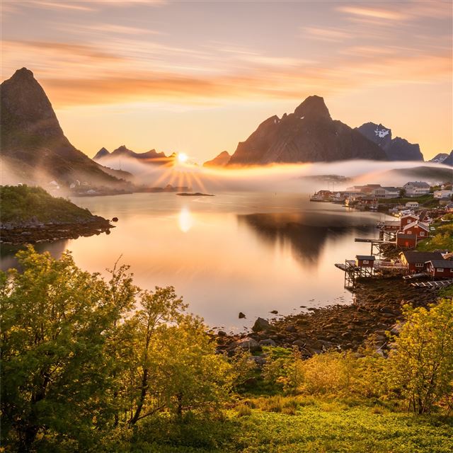 1024x1024 norway scenery mountains reine fog sun bay 4k - 5k iPad Wallpaper