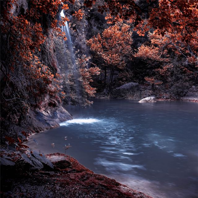 1024x1024 the blue lagoon lake waterfall nature forest water... - 5k iPad Wallpaper