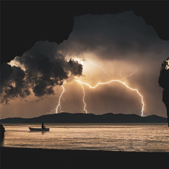 1024x1024 landscape storm rays sea clouds cave fantasy 8k - 5k iPad Wallpaper