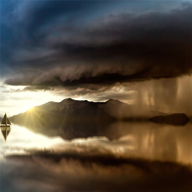 1024x1024 lake refection small boat 5k - reflection iPad Wallpaper