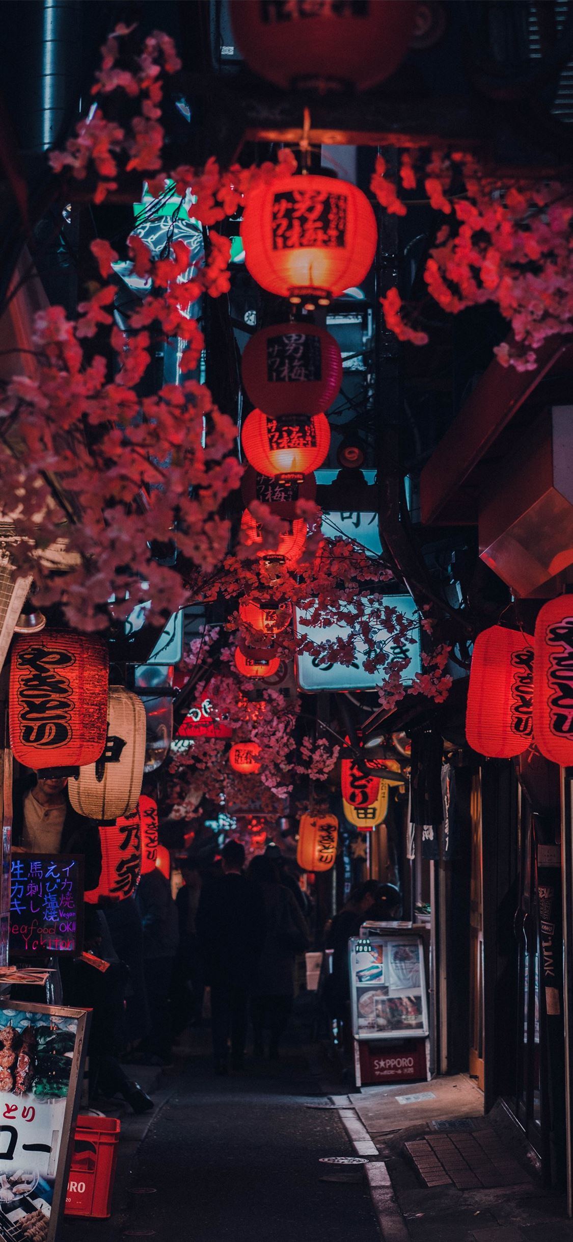 people walking on street with red lanterns iPhone wallpaper 