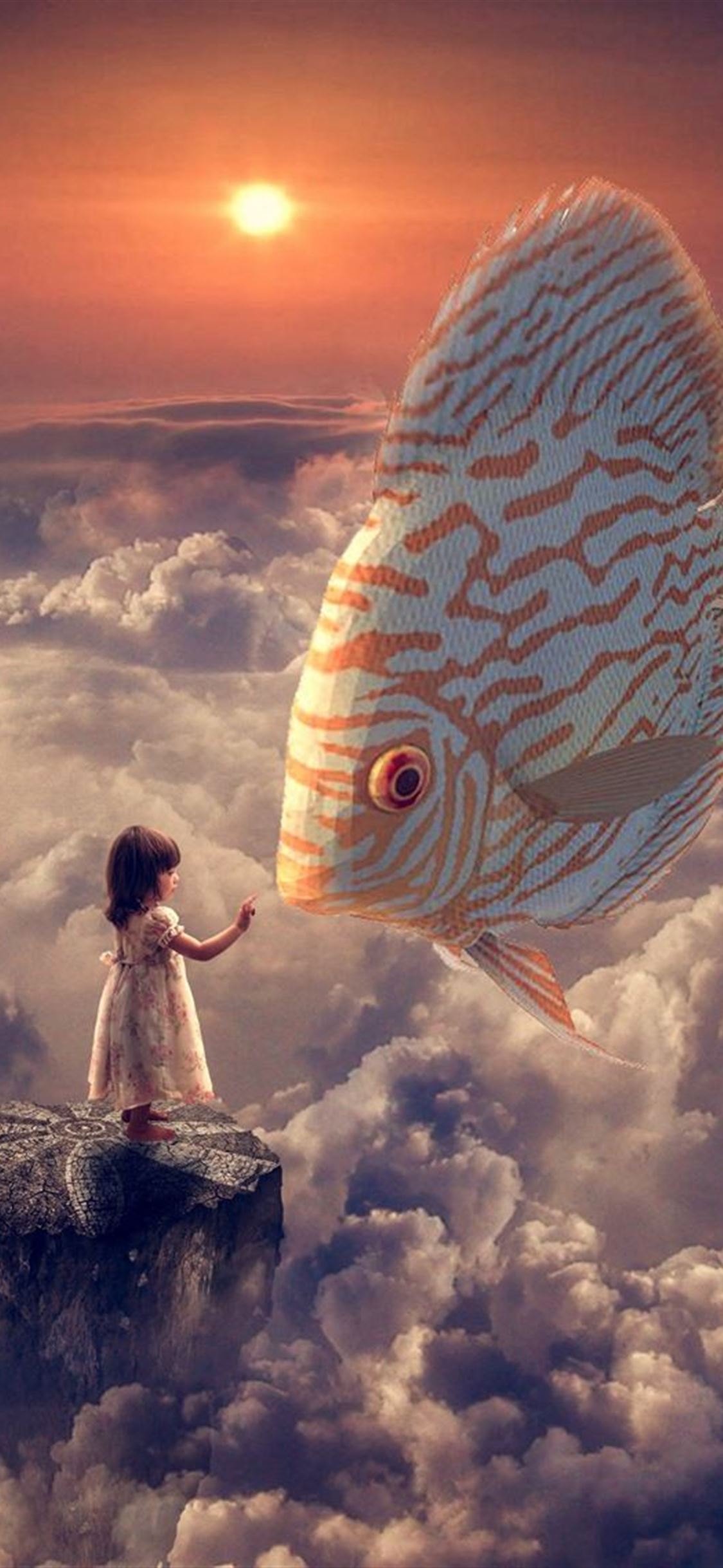 Anime Fantasy Girl Fish Clouds Sky iPhone wallpaper 