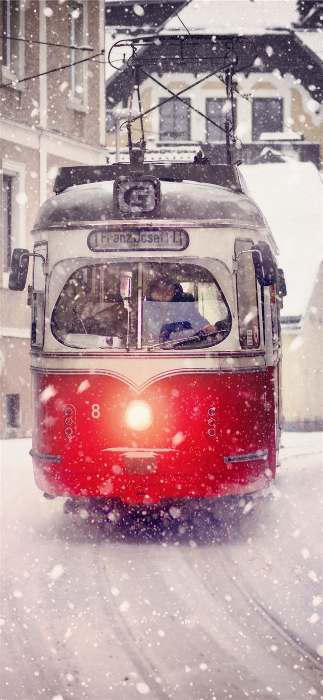 1125x2436 white and red cable train during winter - winter iPhone 11 Wallpaper