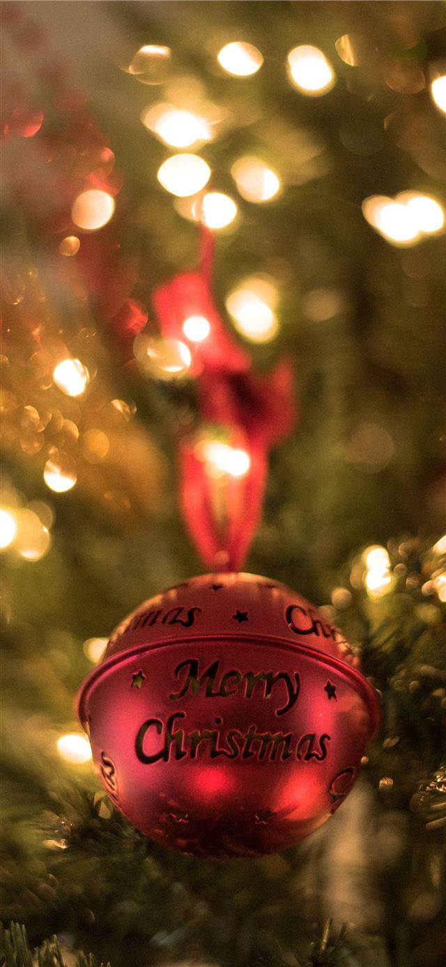 1125x2436 red Christmas bell on Christmas tree - holiday iPhone 11 Wallpaper