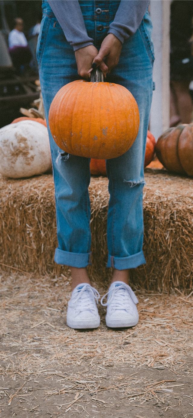 1125x2436 woman carrying pumpkin while standing beside hay - thanksgiving iPhone 11 Wallpaper
