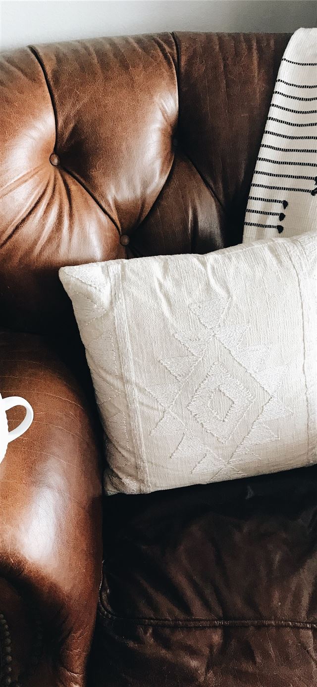 1125x2436 square white throw pillow on brown leather sofa ch... - coffee iPhone 11 Wallpaper